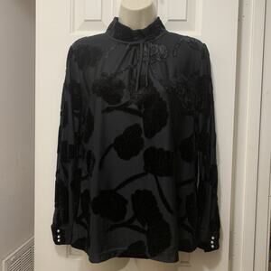 Karl Lagerfeld Paris Black Velvet Burnout Floral Mock Neck Blouse Top S Pearls